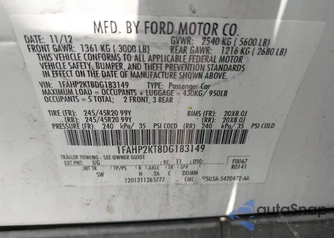 2013 Ford Taurus Sho из США, поврежденный, VIN 1FAHP2KT8DG183149